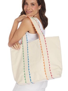 2Chic Extra Large Shopper Tote Natural Cotton Rainbow Ric Rac Trim Bonus Pouches
